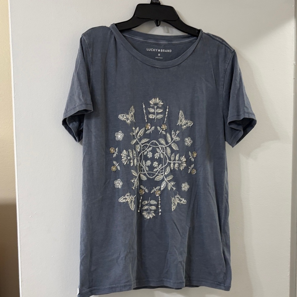 Lucky Brand Slate Blue Tee with White Floral Graphic